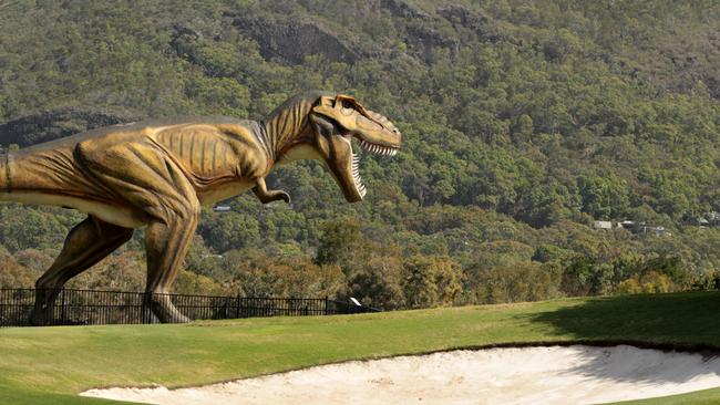 The Palmer Resort at Coolum is owned by billionaire and United Australia Party leader Clive Palmer, which features a giant Tyrannosaurus Rex statue on the golf course. Picture: Nathan Edwards