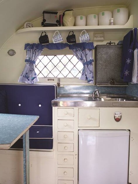 The interior of Brett Boardman and wife Gayelene’s 1938 Hawthorn caravan.