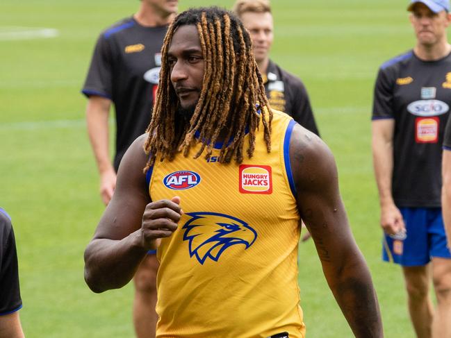 West Coast Eagles player Nic Naitanui is seen during an open training session in Perth, Monday, September 24, 2018. The West Coast Eagle face the Collingwood Magpies in the AFL Grand Final at the MCG on Saturday afternoon. (AAP Image/Richard Wainwright) NO ARCHIVING