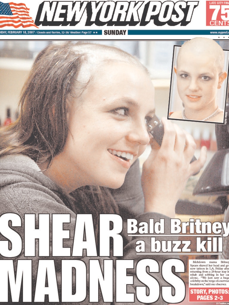 Britney Spears’ public headshaving made headlines around the world. It was clear that something was not right in the popstar’s world. Picture: New York Post