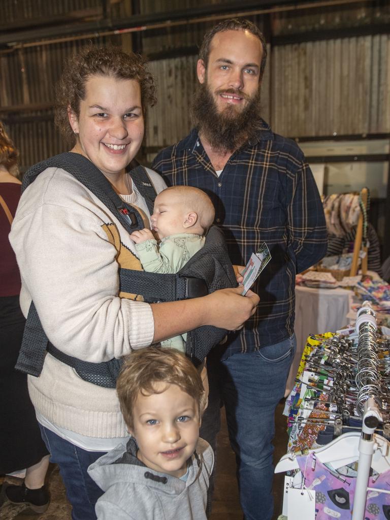 (from left) Kate, Archie and Mark Wallace with Noah Wallace in front. Mums &amp; Bubs Expo at the Makers Market Toowoomba. Sunday, May 15, 2022. Picture: Nev Madsen.