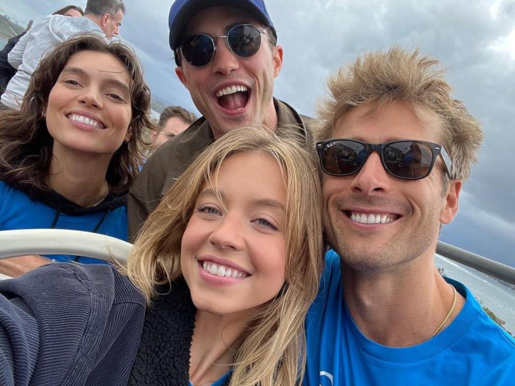 Sydney Sweeney with her co-stars Charlee Fraser, Darren Barnet and Glen Powell. Picture: Sydney Sweeney/Instagram