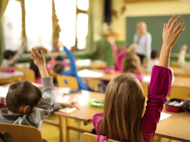 Generic photo of a classroom. Rear view of group of elementary students raising their hands ready to answer the question. Focus is on schoolgirl.