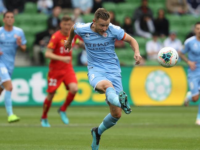 MELBOURNE, AUSTRALIA - OCTOBER 20: Scott Jamieson of the Melbourne City kicks the ball during the round two A-League match between Melbourne City and Adelaide United at AAMI Park on October 20, 2019 in Melbourne, Australia. (Photo by Robert Cianflone/Getty Images)