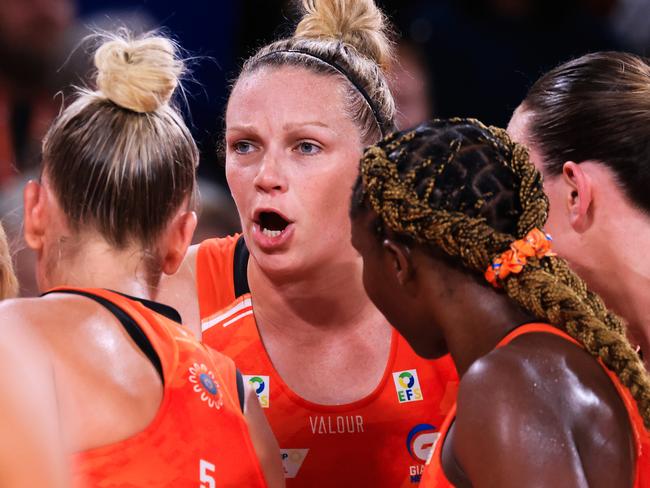 Giants’ Jo Harten talks to her team during the time-out during round one against West Coast Fever. Picture: Jenny Evans/Getty Images