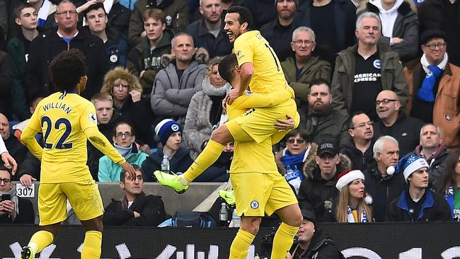 Pedro celebrates after scoring the opener.