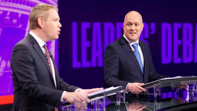 Chris Hipkins and Christopher Luxon in the first leaders' debate. Picture: TVNZ.