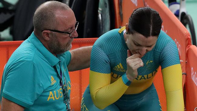 Anna Meares breaks down with coach Gary West after her Olympics came to an end yesterday. Picture: Adam Head