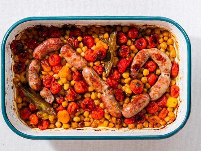 EMBARGO FOR TWAM, 17 MAY 2025. FEE MAY APPLY. TWAM Food. Sausage and chickpea bake, Baked apples and custard. Recipe by Lizzie Hewson. Photo: Nikki To / TWAM