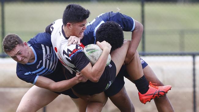 Erindale’s Lachlan Cunanan is upended by the Matraville defence. Picture: Richard Dobson