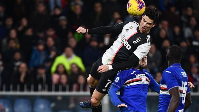 Cristiano Ronaldo hangs in the air to score a header against Sampdoria.