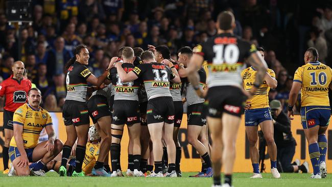 Panthers players celebrate scoring. Picture: Mark Kolbe/Getty