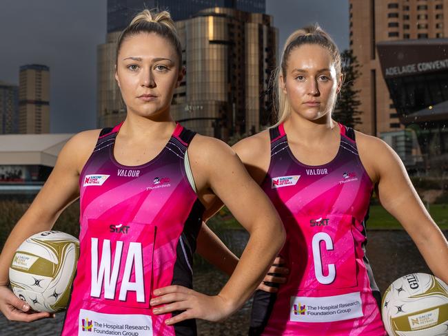 Adelaide Thunderbirds Georgie Horjus and Tayla Williams ahead of the T-Birds' semi-final clash with Melbourne Vixens. Picture: Sarah Reed