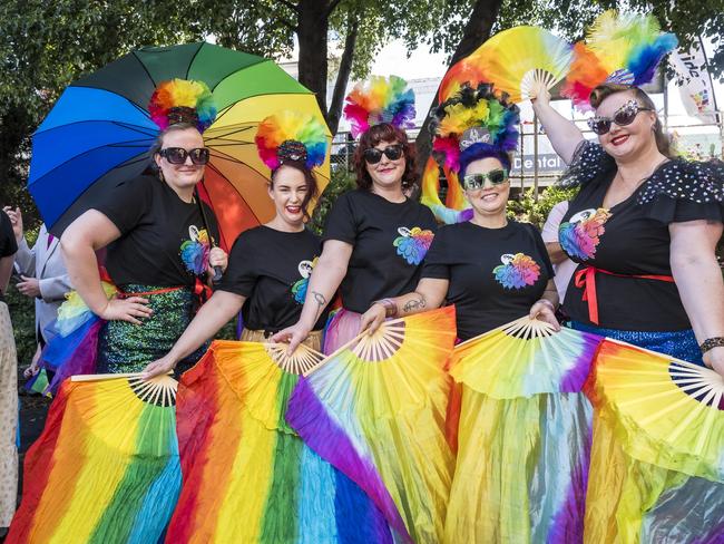 Liz Knox, Grace Cherry, Elysia Mannix, Lauren Burford and Asha Billings at TAS Pride Parade. Picture: Caroline Tan