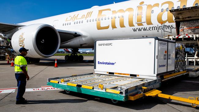 The AstraZeneca COVID-19 vaccine is removed from a flight at Sydney Airport. Picture: Getty Images