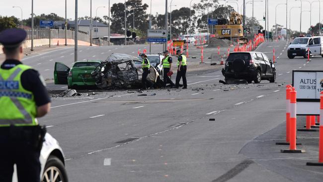 The scene of the horrific incident at the bottom of the Southern Expressway. Picture: Campbell Brodie.