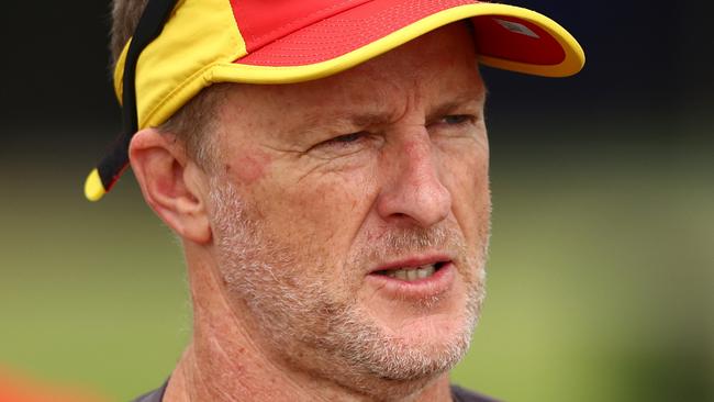 GOLD COAST, AUSTRALIA - JULY 09: Damien Hardwick, Senior Coach of the Suns looks on during a Gold Coast Suns AFL training session at Austworld Centre Oval on July 09, 2024 in Gold Coast, Australia. (Photo by Chris Hyde/Getty Images)