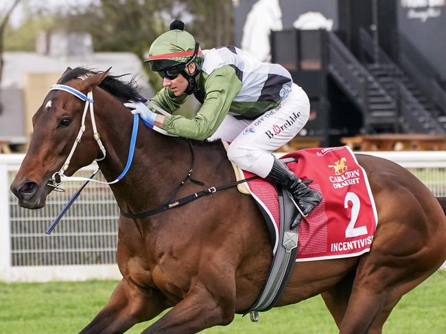 Incentivise ridden by Brett Prebble wins the Carlton Draught Caulfield Cup at Caulfield Racecourse on October 16, 2021 in Caulfield, Australia. (Scott Barbour/Racing Photos via Getty Images)