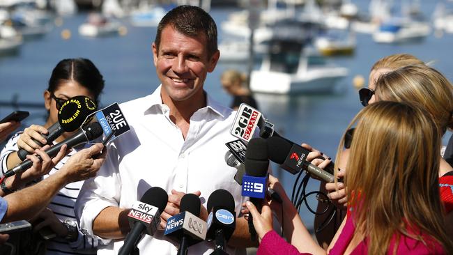 Premier Mike Baird made his first public appearance in Manly yesterday after winning the NSW State Election. Picture: Bradley Hunter