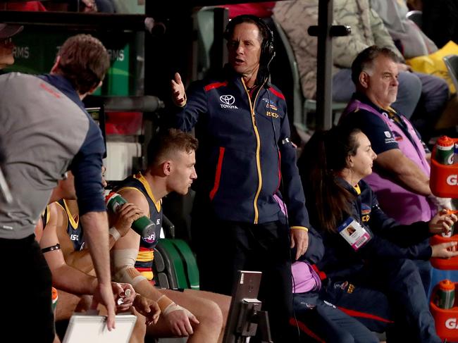 Crows coach Don Pyke coaching from the bench during the 2019 AFL season. Picture: James Elsby/AFL Photos/Getty Images