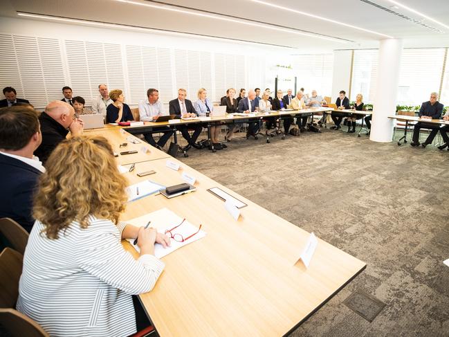 Premier Peter Gutwein speaks at a Government round table discussion between key Tasmanian stake holders in the wake of cornavirus. Picture: RICHARD JUPE