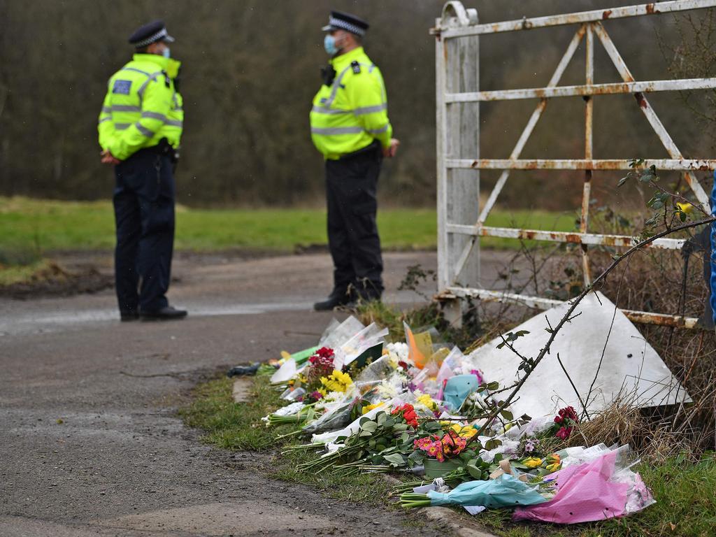 Police officers stand on duty at the entrance to Great Chart Golf and Leisure near Ashford, in Kent, southeast England, near where Ms Everard’s body was discovered. Picture: Ben Stansall / AFP