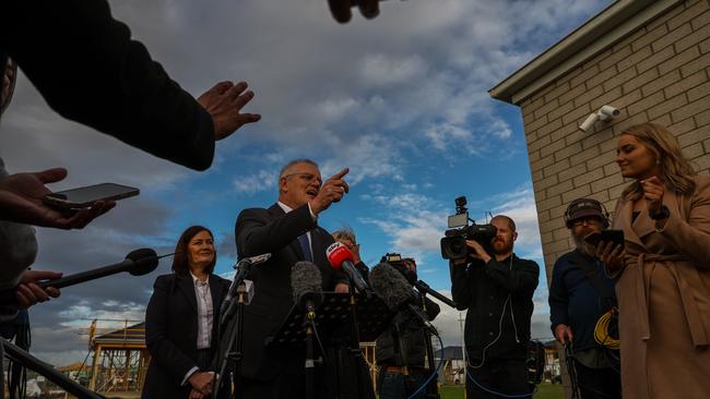 Prime Minister Scott Morrison takes questions from journalists at a press conference during a visit to a housing site in Geelong. Picture: Asanka Ratnayake/Getty Images