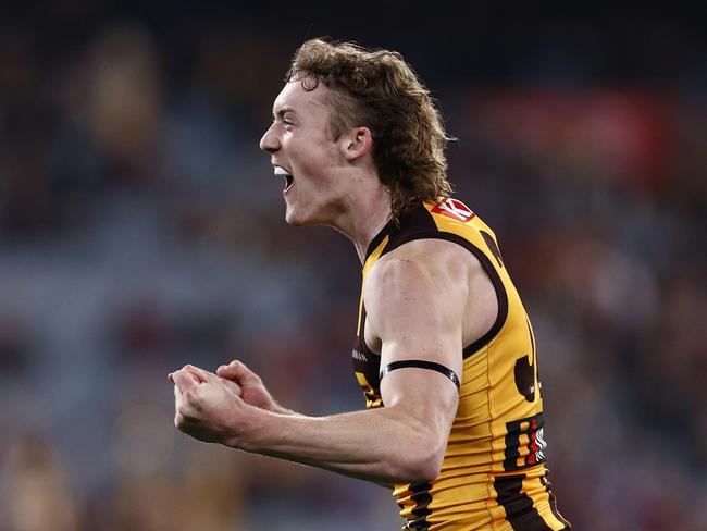 MELBOURNE, AUSTRALIA - MAY 13: Josh Weddle of the Hawks celebrates a goal  during the round nine AFL match between Hawthorn Hawks and Melbourne Demons at Melbourne Cricket Ground, on May 13, 2023, in Melbourne, Australia. (Photo by Darrian Traynor/AFL Photos/via Getty Images )