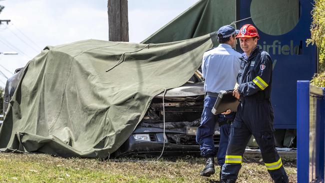 Investigators at the scene of the car fire today. Picture: NCA NewsWire/Monique Harmer