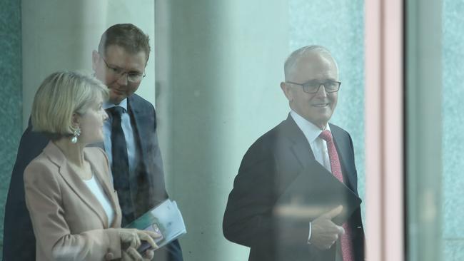 Malcolm Turnbull walking to the party room meetingthis morning. Picture: Kym Smith