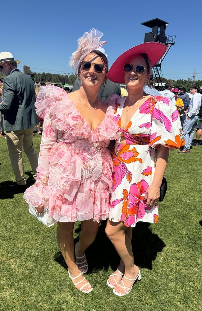 Ashleigh Franklin and Leah King at the Melbourne Cup at Flemington Racecourse on November 5, 2024. Picture: Phillippa Butt