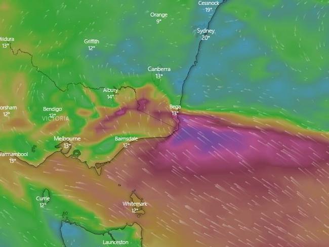 An 'unusual' May cold front is bringing heavy rainfall, storms and the risk of flooding to eastern Victoria, the NSW south coast, northern NSW and southeast Queensland on Tuesday. Picture: Windy.com