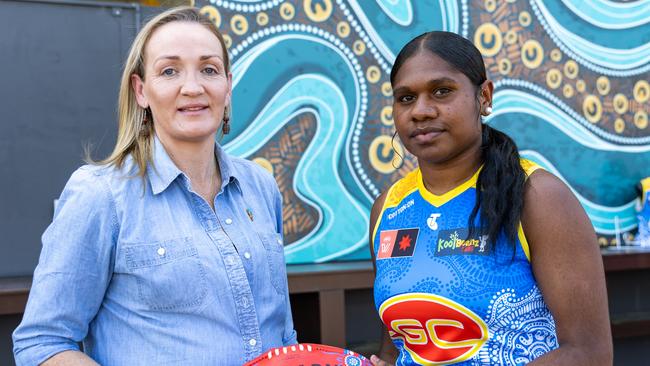 Ebony Abbott-McCormack, 2023 AFLW Indigenous Round Honoree and former Darwin Buffaloes teammate Ashanti Bush, now of the Suns. Picture: Russell Freeman/AFL Photos via Getty Images