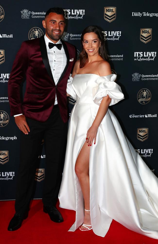 Taryn Carson, girlfriend of Rabbitohs star Alex Johnston wore a $5,500 wedding dress to the Dally M’s on Monday evening. Picture: Chris Hyde/Getty Images