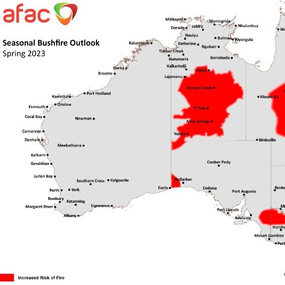 The Australasian Fire Authorities Council has mapped out the danger zones for the Spring 2023 bushfire. Picture: AFAC