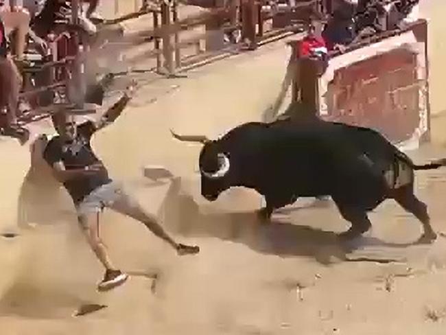 Bull gores a man several times in Litor, Albacete in Spain, Thursday, Aug. 24, 2023. He was transferred to a hospital. (CEN)  Picture: CEN