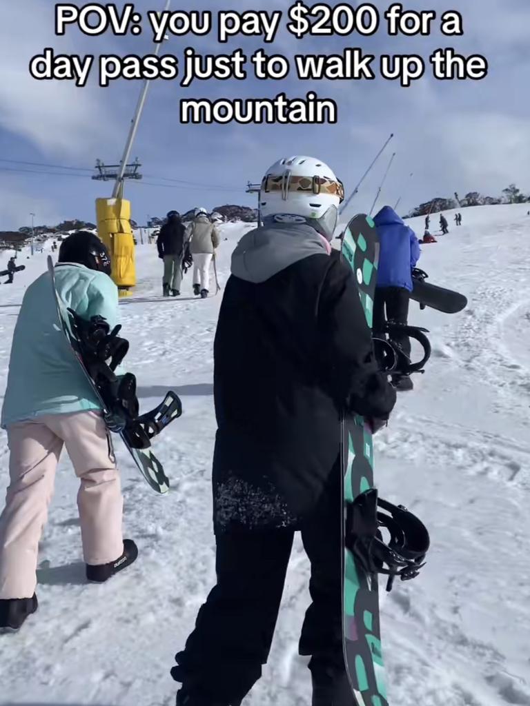 People walking up Front Valley at Perisher on a windy day where only the T-bar lifts were open. Picture: TikTok / heylinni