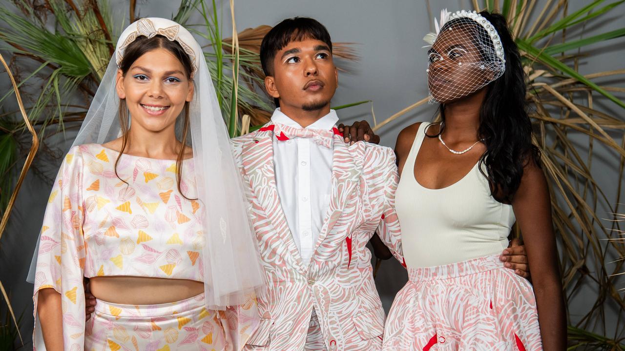 Calling-Rose Woods, Jake Powers and Hayley Mulardy at the 2024 Country to Couture at the Darwin Convention Centre showcases hand-designed First Nations fashion. Picture: Pema Tamang Pakhrin