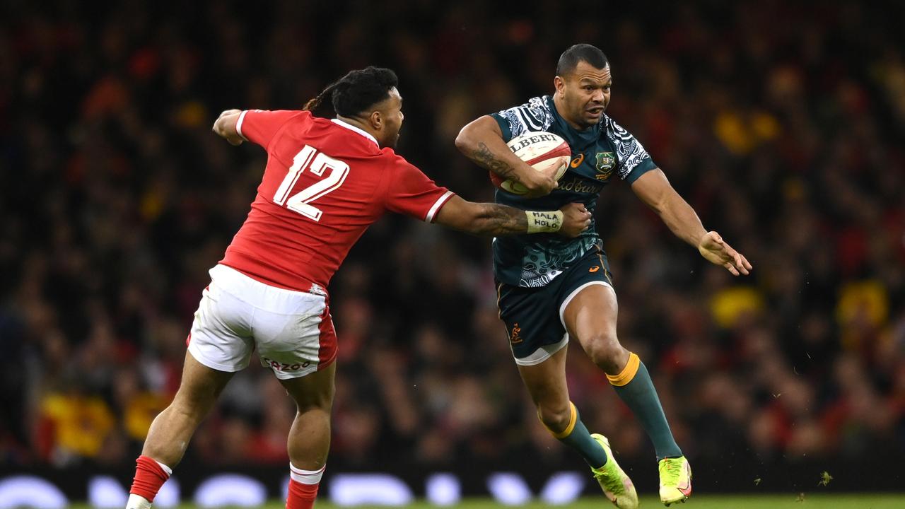 CARDIFF, WALES - NOVEMBER 20: Australia full back Kurtley Beale makes a break to set up the second Wallabies try during the Autumn Nations Series match between Wales and Australia at Principality Stadium on November 20, 2021 in Cardiff, Wales. (Photo by Stu Forster/Getty Images)