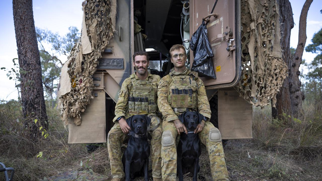 Australian Army soldiers Sapper Aidan Jones and his Explosive Detection Dog, Yambo (left) Sapper Flynn Skerke-Irwin and his Explosive Detetction Dog, Ethan, (right) during Exercise Brolga Run 2024 in Townsville Field Training Area, Queensland.