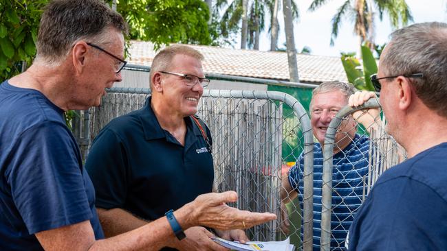 Territory Alliance candidate for the seat of Johnston, Steven Klose (centre), pictured with leader Terry Mills (left) and former Labor turned independent MLA Jeff Collins, all out campaigning for TA in Jingili in Darwin, back in a time when being close to people was legal.