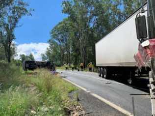 A Rural Fire Service truck which flipped on its side was involved in a crash with a semi-trailer on the Gwydir Highway west of Grafton on Friday, 19th March, 2021. Photo TNT Towing