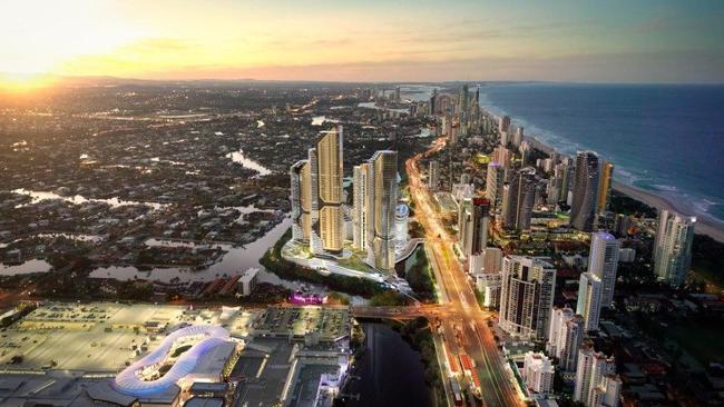 The Star Gold Coast Masterplan Development (viewed from the South) at its island site at Broadbeach where two existing towers will be joined by Tower 1 starting construction in August and a proposed further four towers