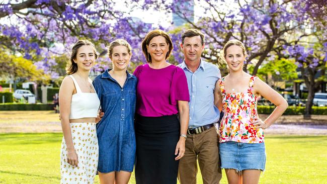 LNP leader Deb Frecklington and husband Jason with daughters Elke, Isabella and Lucy. Picture: Richard Walker