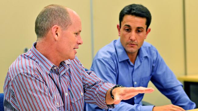 Queensland Premier Campbell Newman, and MP David Crisafulli, talking about the local disaster management in preparation for landfall of Tropical Cyclone Dylan near Townsville, in 2014. Pictures: Wesley Monts