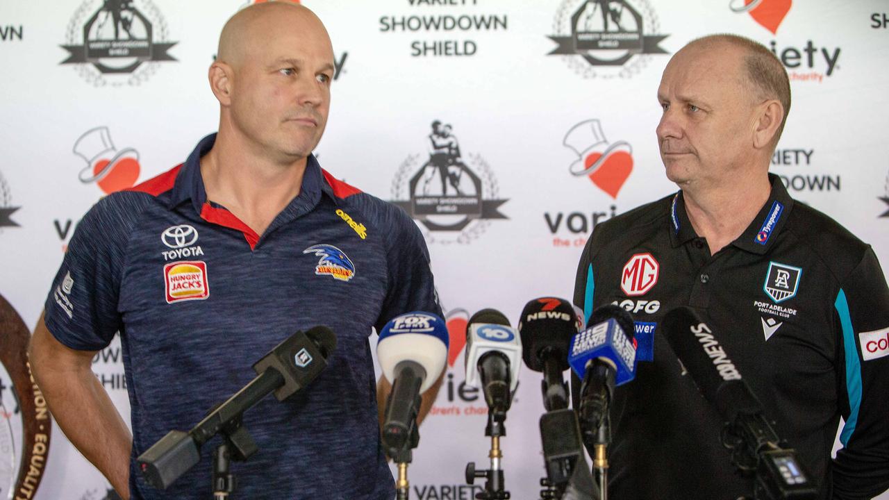 Showdown coaches Matthew Nicks and Ken Hinkley speaking at a press conference. Picture: Emma Brasier