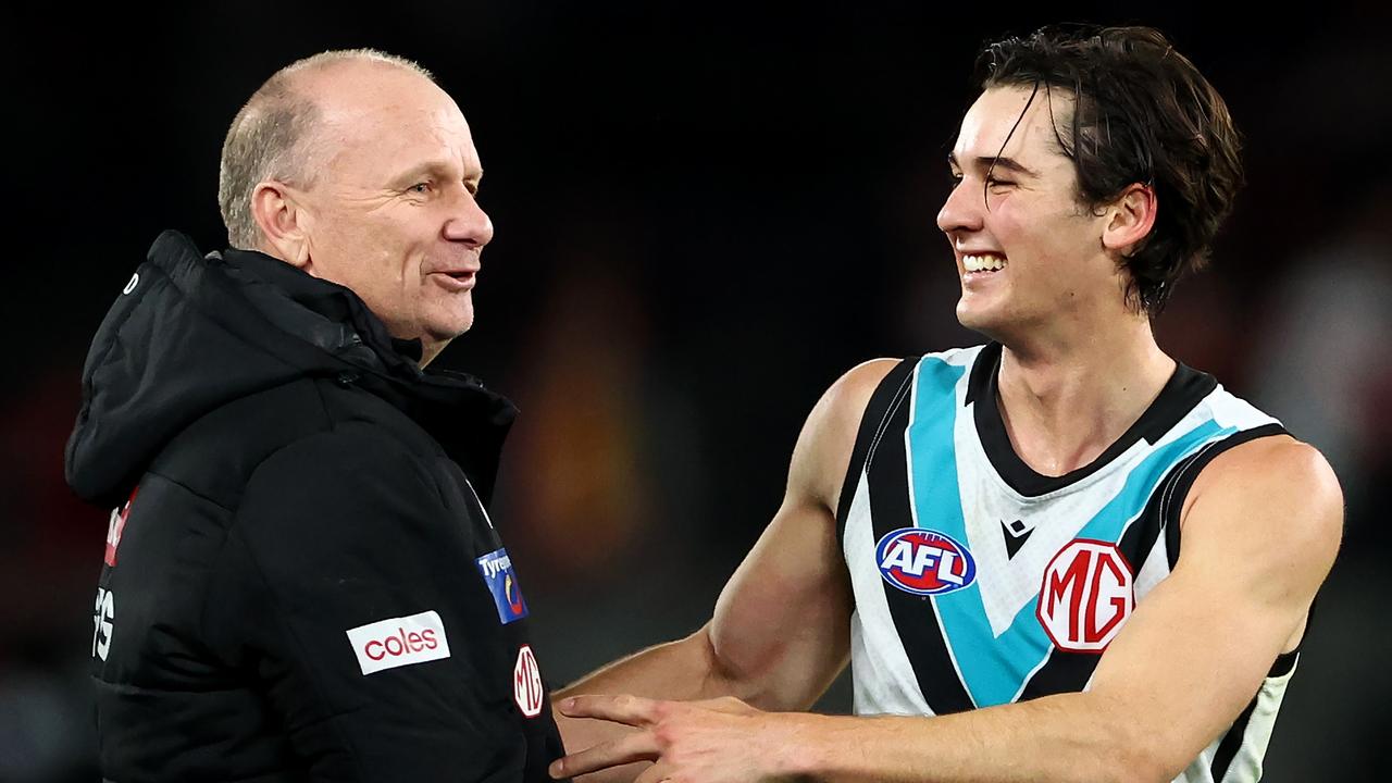 MELBOURNE, AUSTRALIA - JUNE 30: Ken Hinkley, Senior Coach of the Power and Connor Rozee of the Power celebrate winning the round 16 AFL match between St Kilda Saints and Port Adelaide Power at Marvel Stadium, on June 30, 2024, in Melbourne, Australia. (Photo by Quinn Rooney/Getty Images)