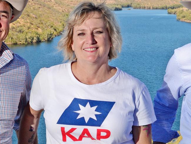 HOLD FOR COURIER MAIL -  Katter Australia Party members, Bob Katter, Rob Katter and Thuringowa candidate Julianne Wood inspect around the Lake Julius Dam area as part of their plan for a relocation site for troubled youth as part of their policy. Rob Katter, Julianne Wood and Bob Katter at Lake Julius Dam.