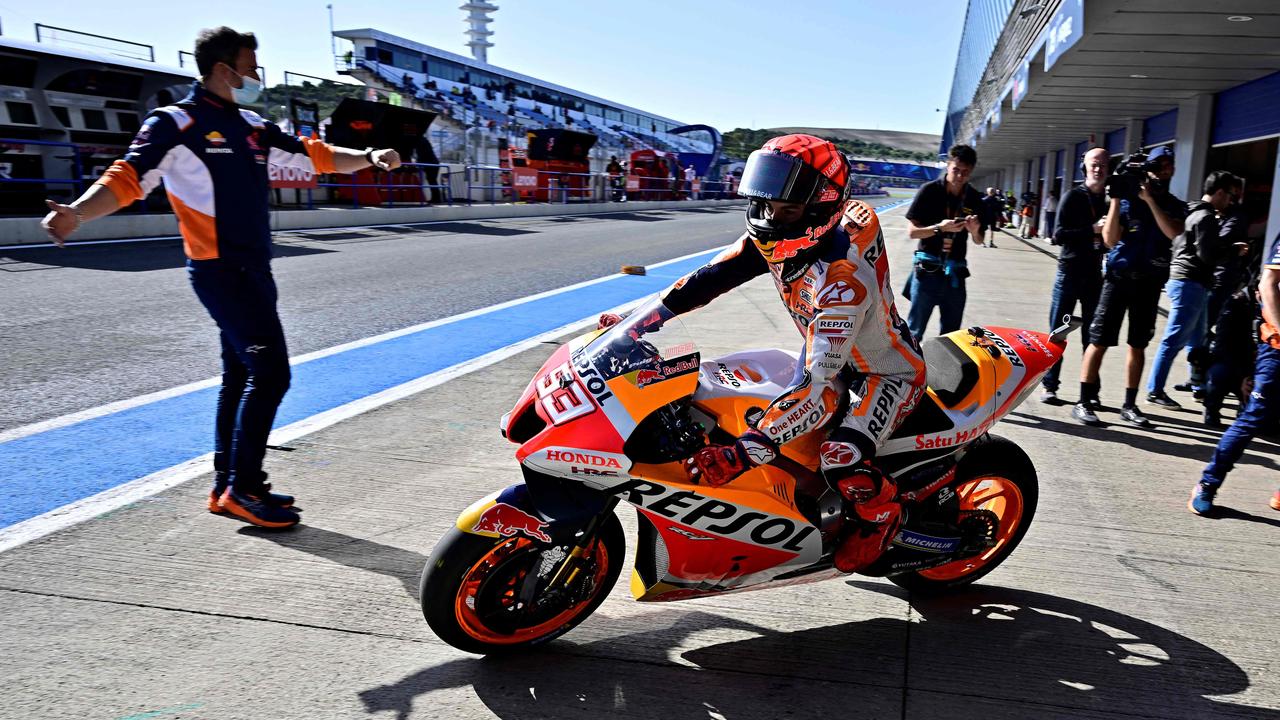 Honda Spanish rider Marc Marquez leaves the box during the first practice session of the MotoGP Spanish Grand Prix. (Photo by JAVIER SORIANO / AFP)