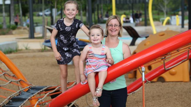 Land buyer Kerri-Anne Pearson, with daughters Isabella, 8, and Francesca, 4, is building a family home at Providence. Photo: Ric Frearson